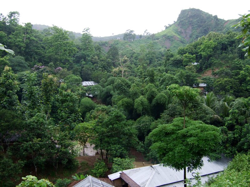looking down from the road into the edge of town
