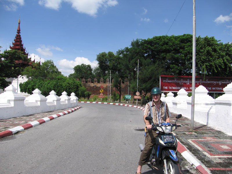 chuck on the motorbike he rented to go around Mandalay
