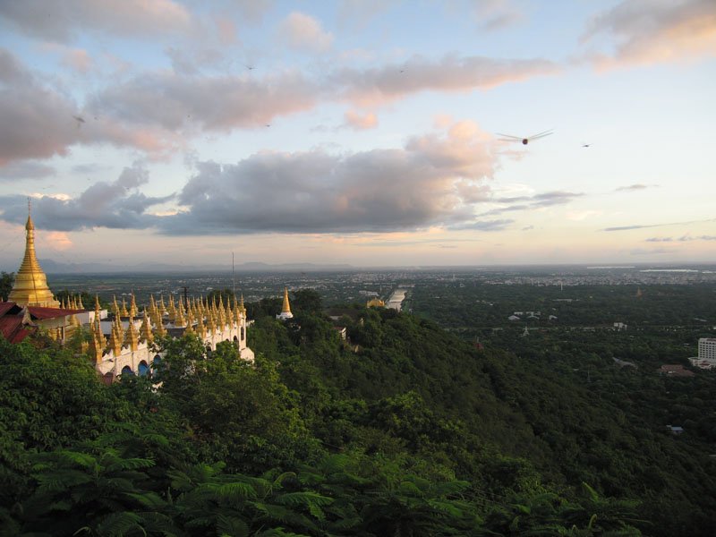 view from top of Mandalay Hill.  at sunset thousands of dragonflies were dancing around the hill in giant clouds
