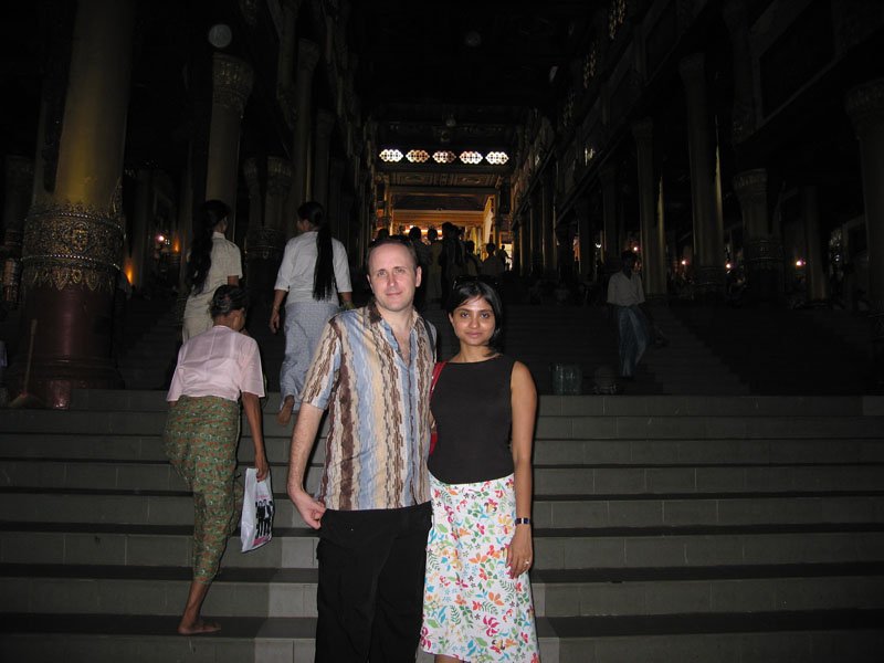 on the steps to the entrance of the great Shwe Dagon temple complex
