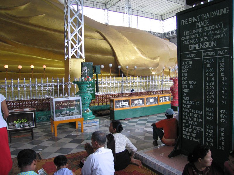 dimensions of the reclining Buddha, supposedly the biggest in the world (longer than the one in Bangkok).  this temple is about an hour's drive from Yangon
