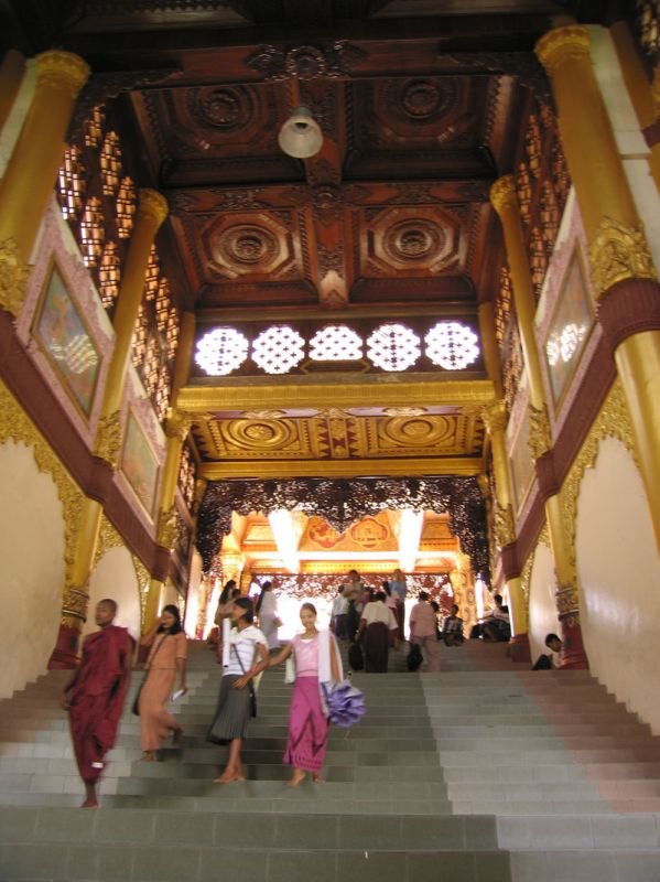 carved ceilings and walls of the stairway
